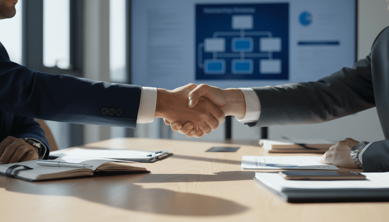 Two professionals shaking hands in modern office setting