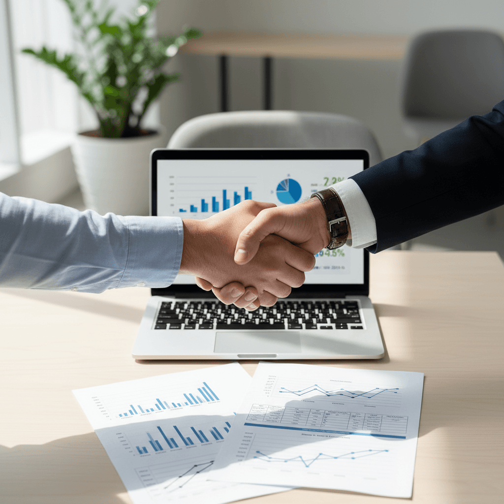 Partnership handshake between owner and advisor