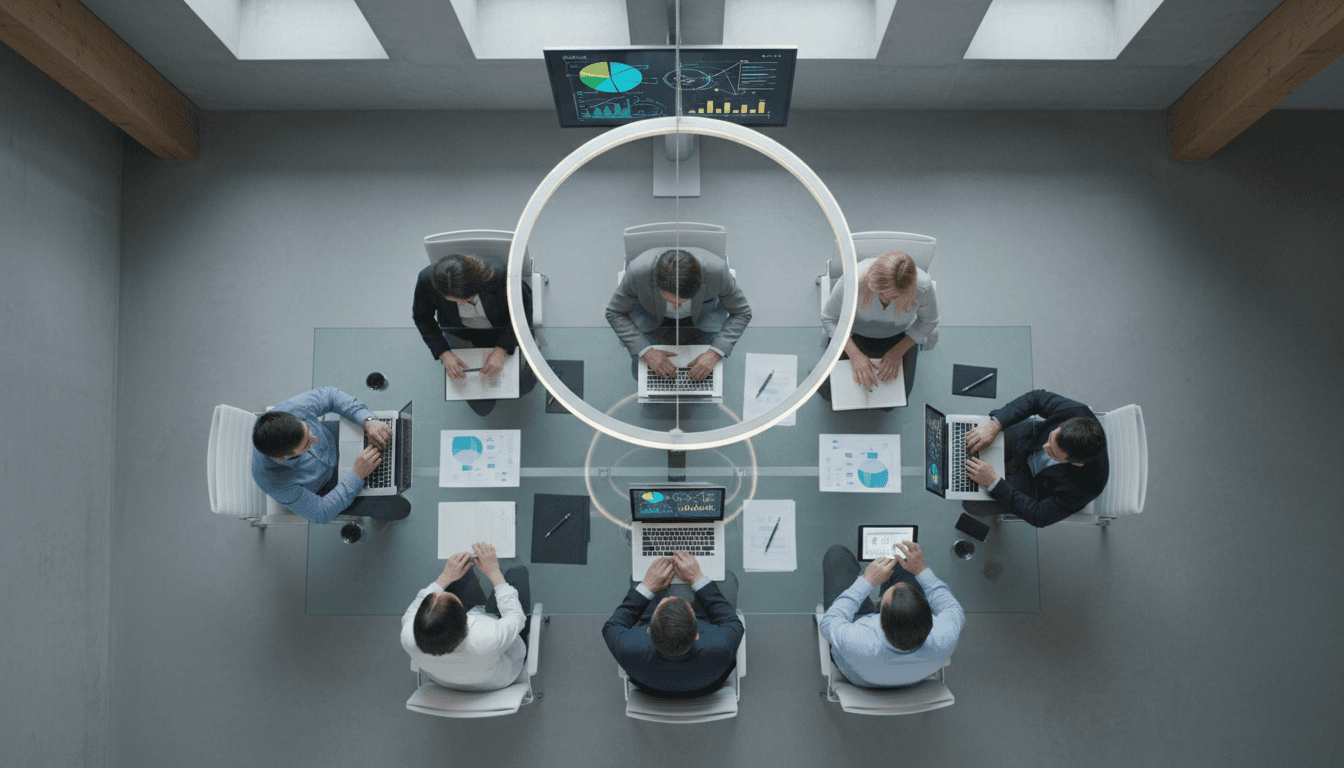 Overhead view of diverse business team seated at conference table with laptops and dashboard visualizations during operations review meeting
