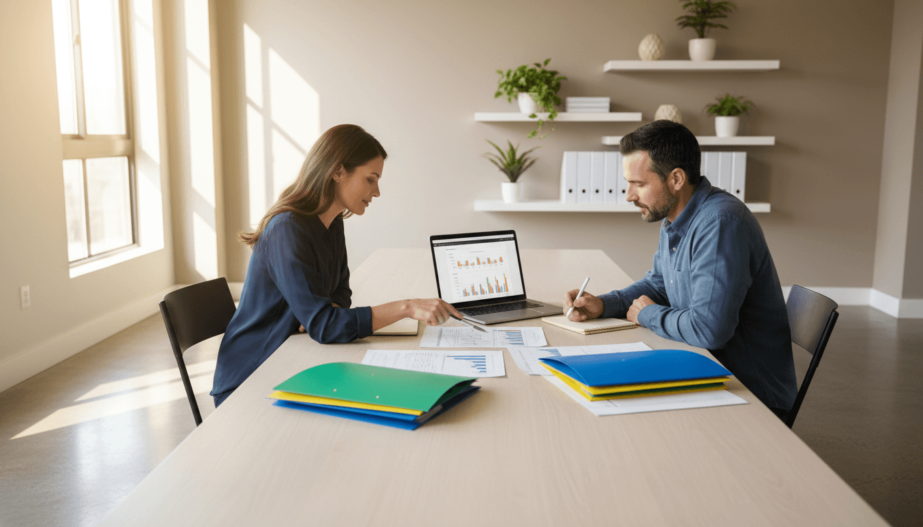 Two business professionals in a modern office meeting reviewing documents and strategic plans