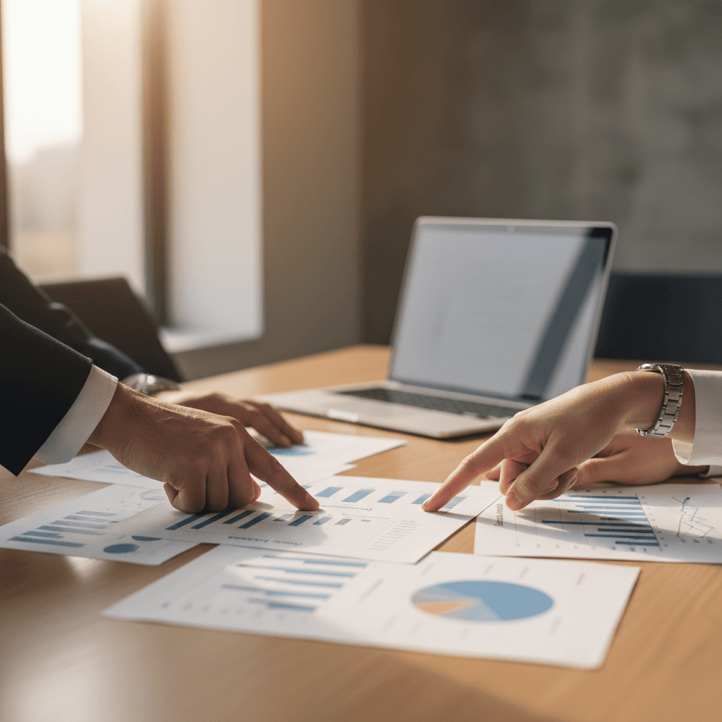 Two professionals in business attire reviewing documents together at a desk